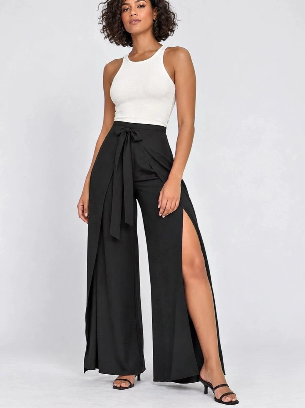 Entro Black Wide Slit Leg Silky Pull on Pants with tie waist L